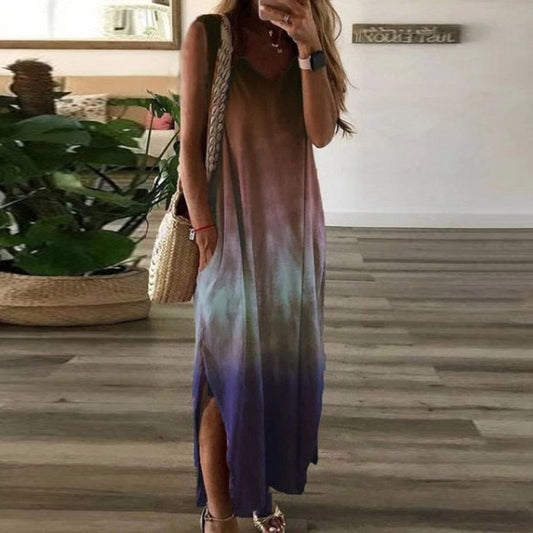 Robe longue femme – Sans manches – Fendue – Motif dégradé – Coupe ample – Coton