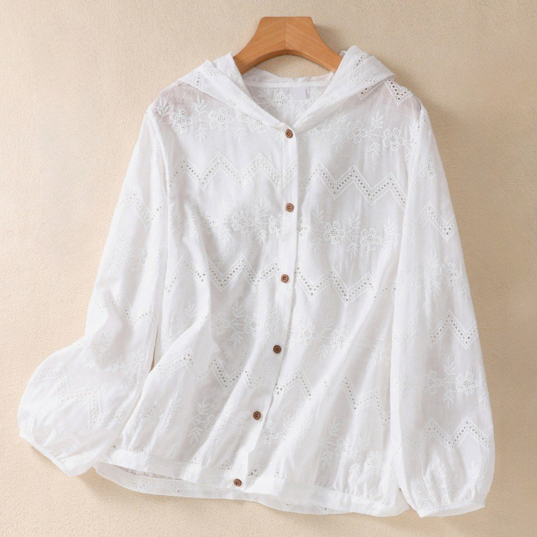 Sweat à capuche femme – Linnen léger – Coupe décontractée – Broderie – Boutons devant