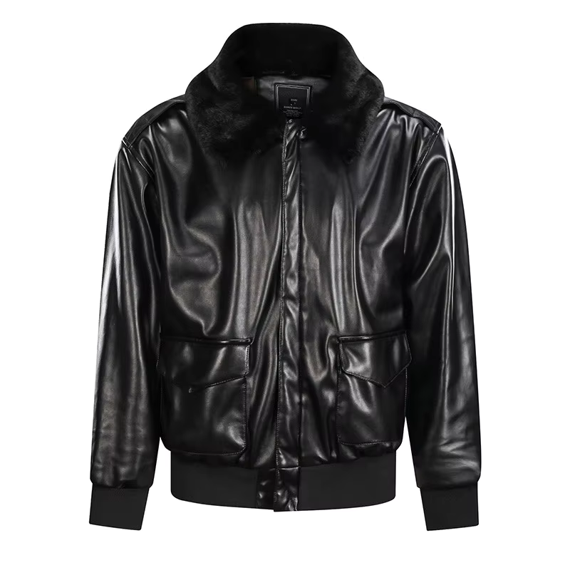 Blouson en cuir homme – Coupe régulière – Style vintage – Poignets côtelés – Zip frontal