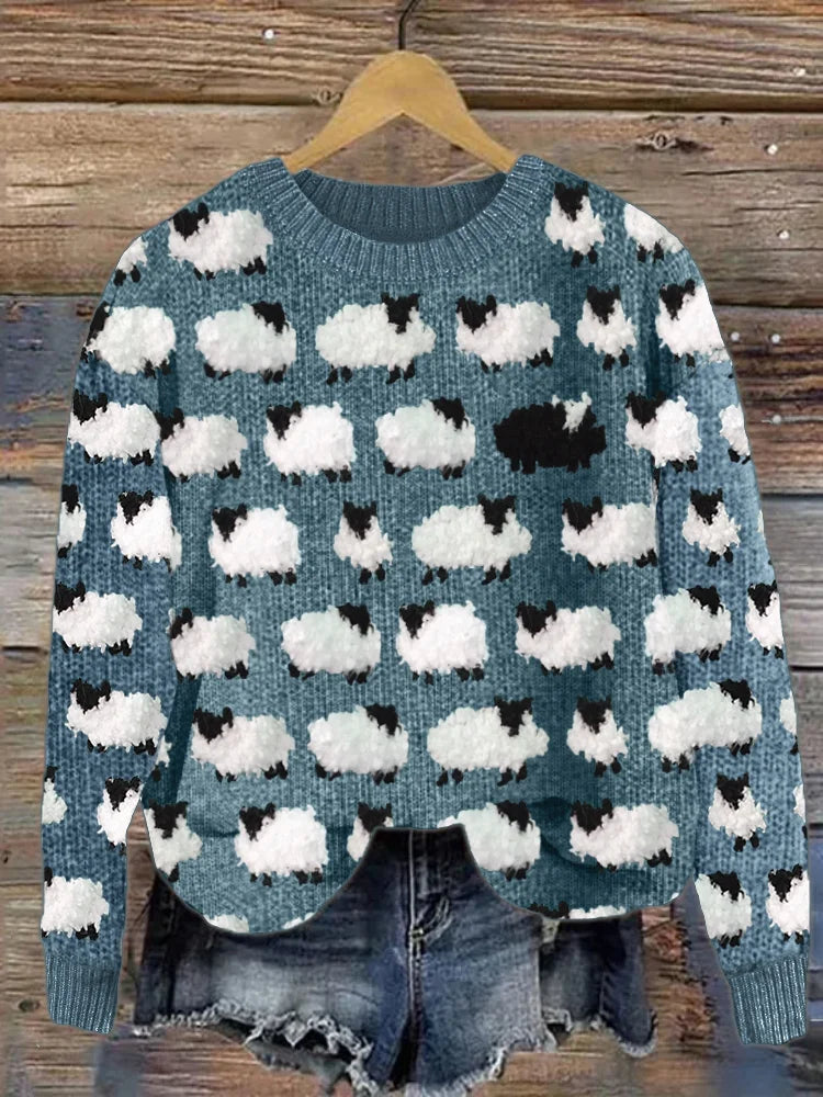 Pull femme – Coupe décontractée – Maille laine – Col rond – Motif moutons fantaisie