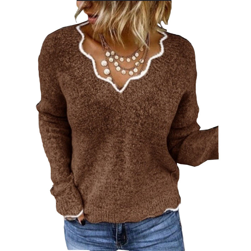 Pull femme – Coupe décontractée – Maille laine – Col festonné élégant