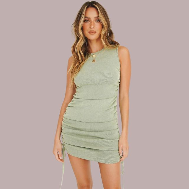 Robe Mini Femme - Sans Manches - Cintrée - Col Rond - Fronces Latérales Ajustables