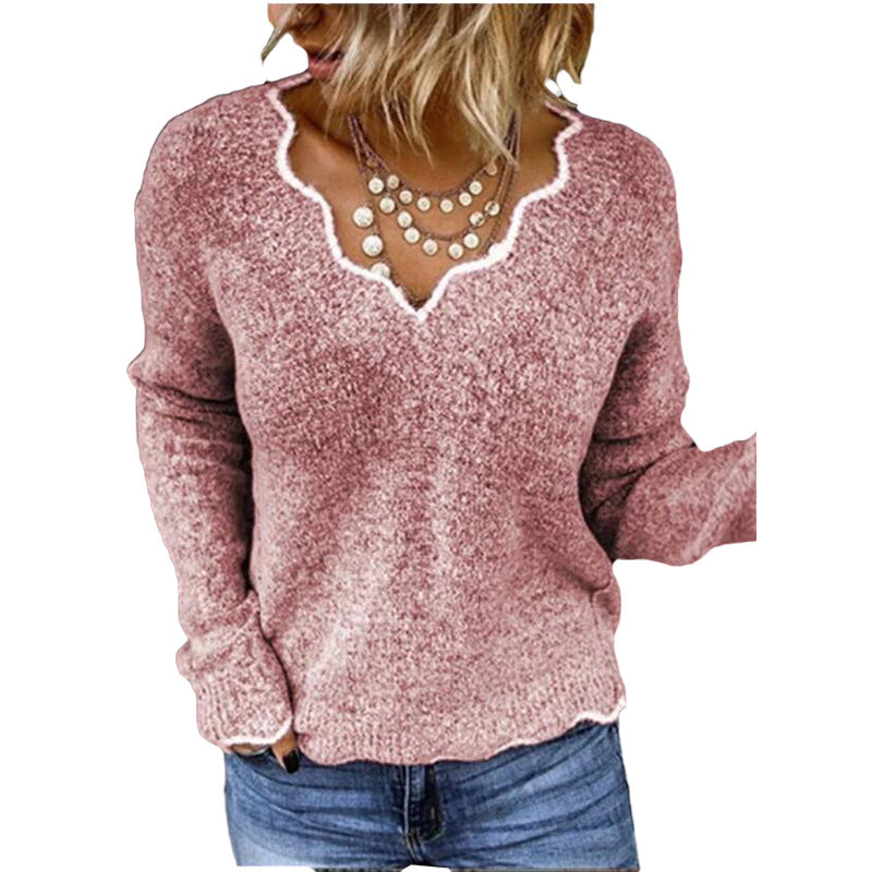 Pull femme – Coupe décontractée – Maille laine – Col festonné élégant