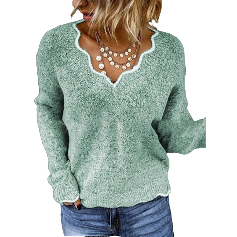 Pull femme – Coupe décontractée – Maille laine – Col festonné élégant