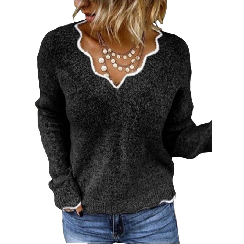 Pull femme – Coupe décontractée – Maille laine – Col festonné élégant