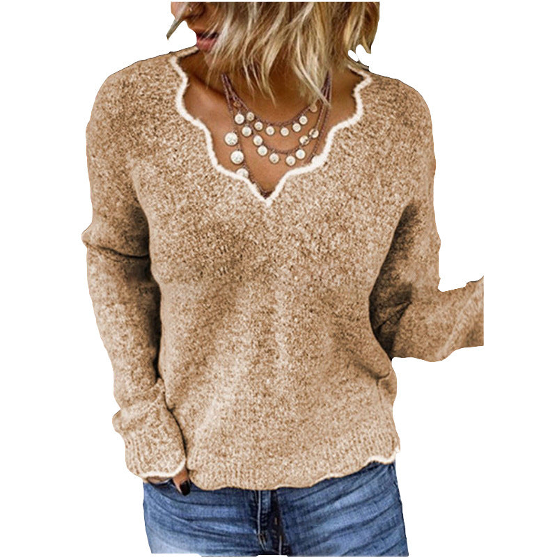 Pull femme – Coupe décontractée – Maille laine – Col festonné élégant