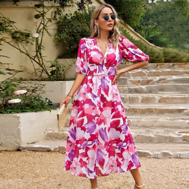Robe midi femme – Coupe évasée – Décolleté en V – Manches bouffantes – Tissu fluide respirant