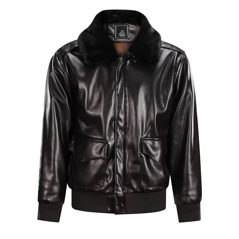 Blouson en cuir homme – Coupe régulière – Style vintage – Poignets côtelés – Zip frontal