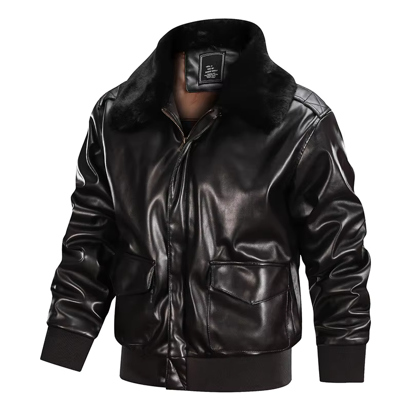 Blouson en cuir homme – Coupe régulière – Style vintage – Poignets côtelés – Zip frontal