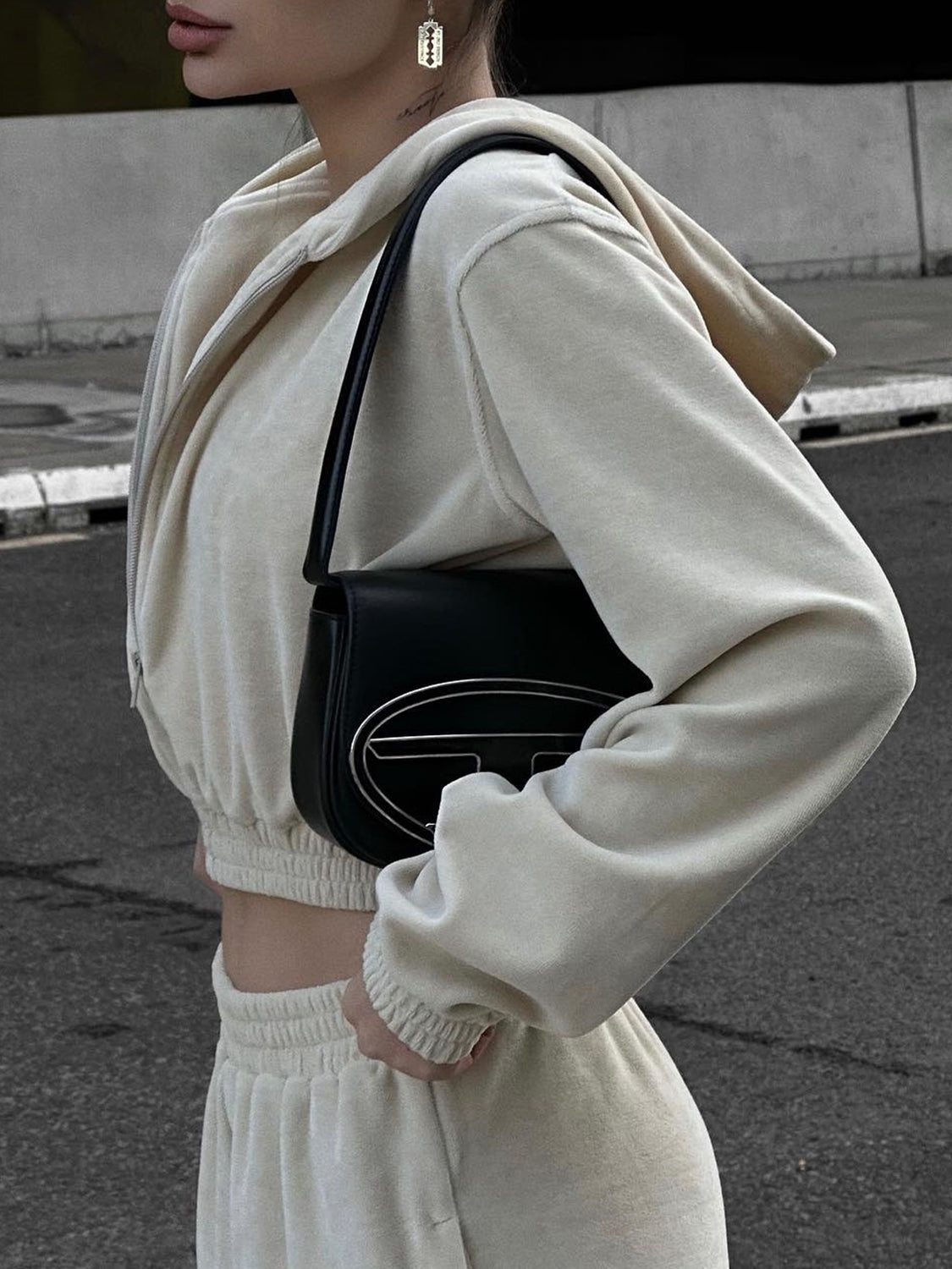 Ensemble de Jogging Femme - Veste Courte Zippée avec Capuche - Pantalon Taille Haute