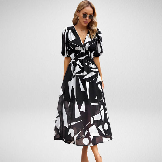 Robe Maxi Femme - Imprimé Géométrique - Manches Courtes Bouffantes - Col V - Taille Cintrée