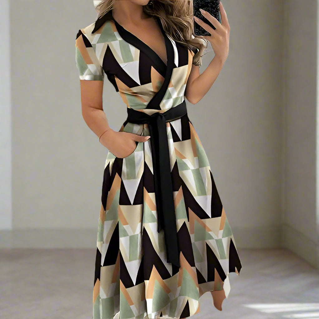 Robe Portefeuille Femme - Manches Courtes - Col V - Taille Ceinturée - Longueur Midi