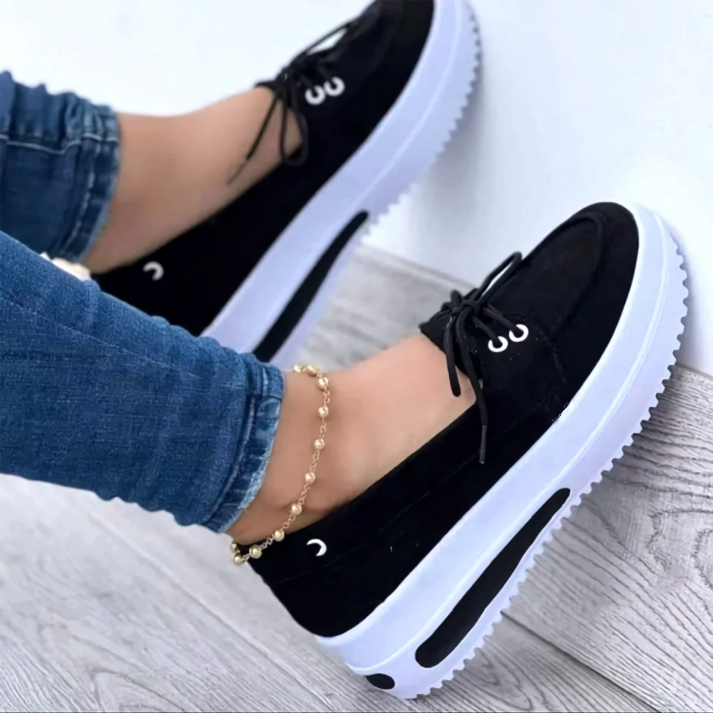 Chaussures Femme - Mocassins à Enfiler - Semelle Plateforme - Détail Lacet Casual