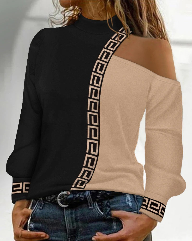 Top Femme - Épaules Dénudées - Col Asymétrique - Motif Géométrique - Chic et Confortable