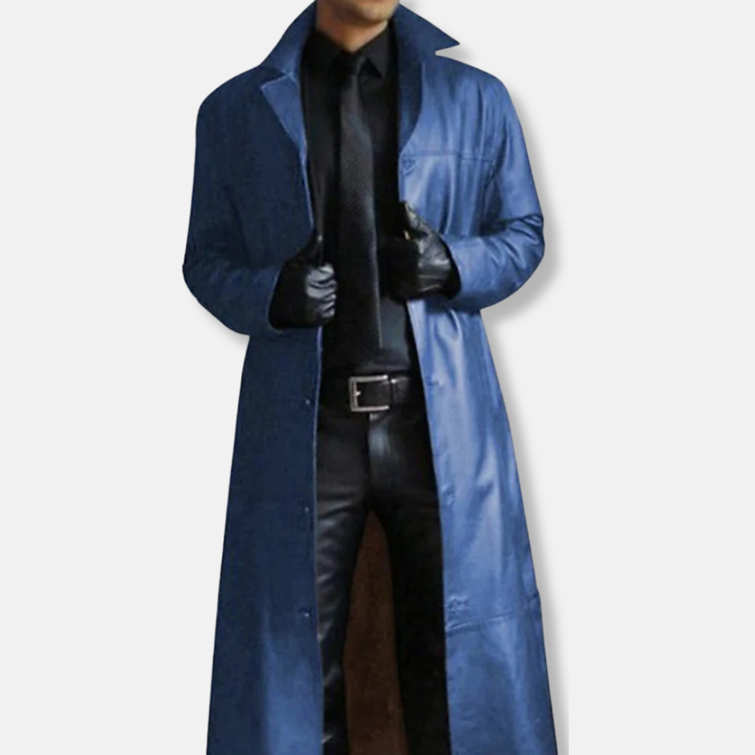 Manteau long homme – Coupe ajustée – Cuir structuré – Fermeture boutonnée formelle