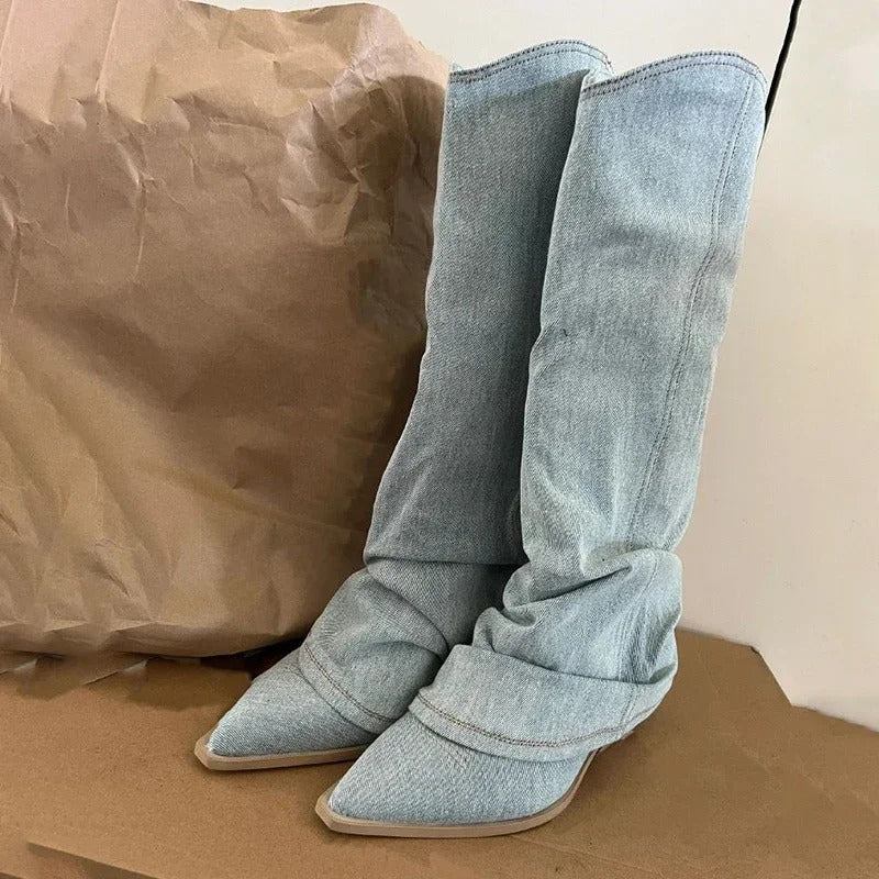 Bottes cowboy en denim longueur genou - Style tendance et robuste