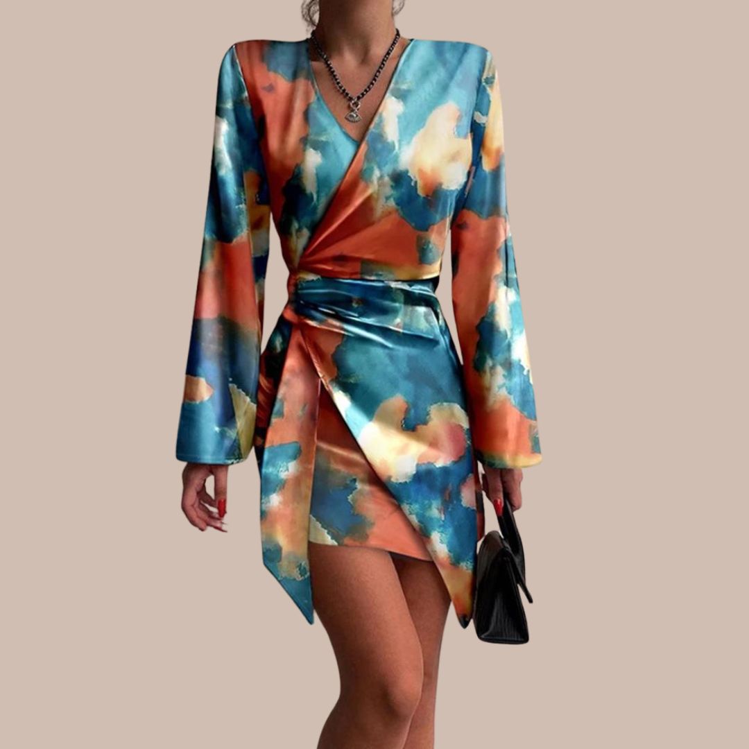Robe Portefeuille Femme - Manches Longues - Encolure V - Coupe Ajustable - Imprimé Moderne
