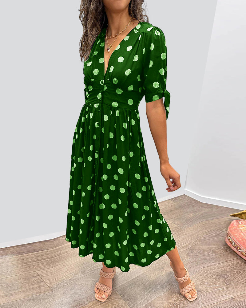 Robe Midi Femme – Coupe Évasée – Col V – Manches Courtes à Nouer – Boutonnée Devant – Motif Pois