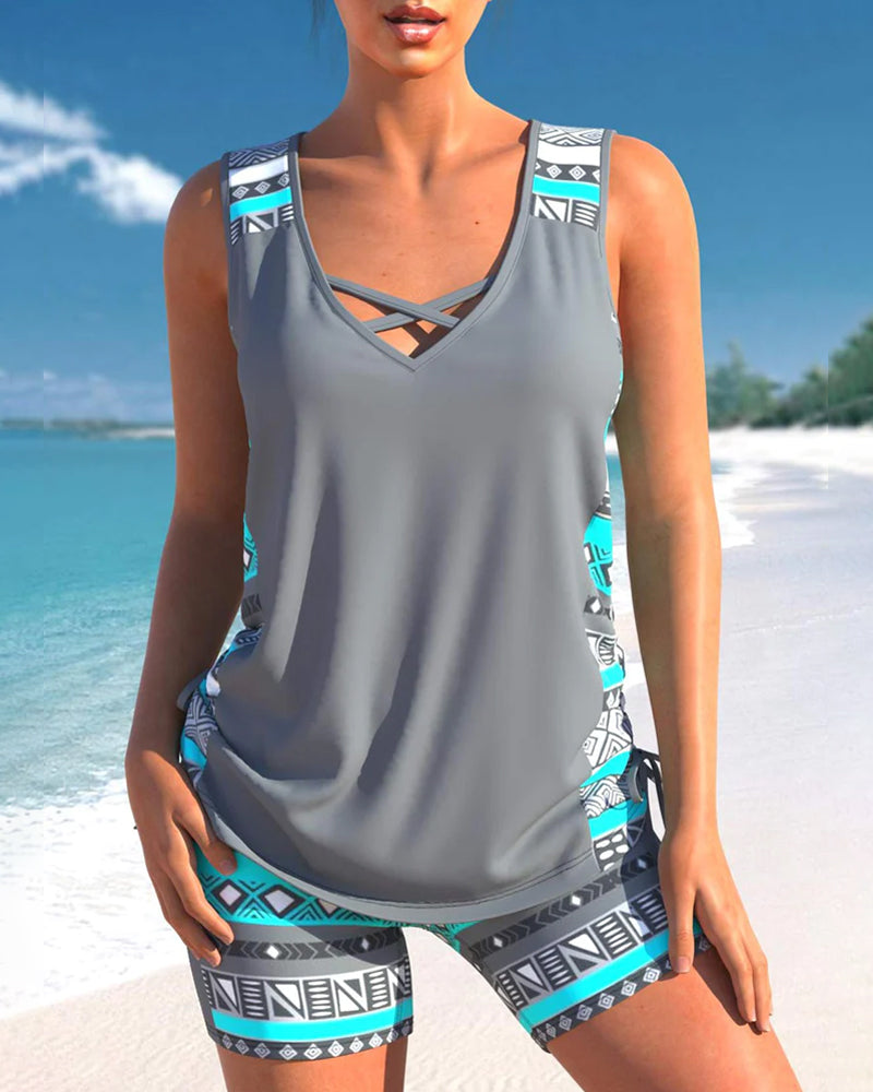 Tankini Femme - Décolleté V - Bretelles Croisées - Motif Géométrique - Confort Ajusté