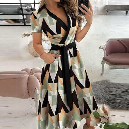 Robe Portefeuille Femme - Manches Courtes - Col V - Taille Ceinturée - Longueur Midi