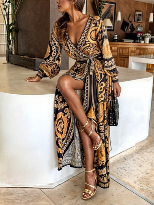 Robe longue femme – Style portefeuille – Imprimé bohème – Manches longues – Tissu fluide