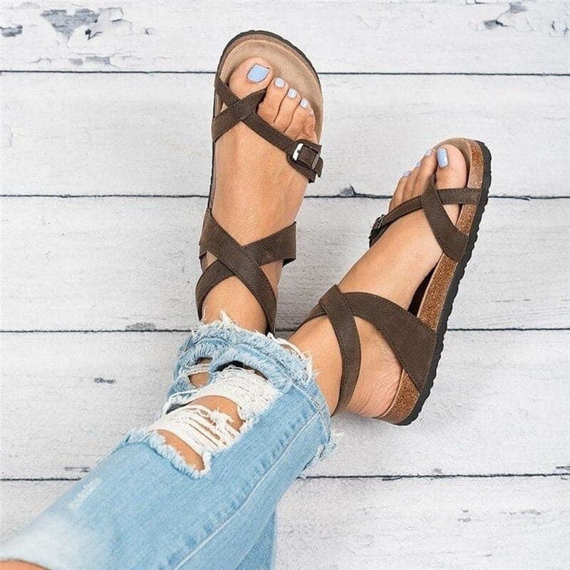 Sandales Femme - Semelle Confort Liège - Brides Multiples avec Boucle - Style Décontracté
