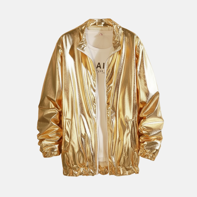 Veste homme – Coupe ample – Finition brillante – Sans col – Fermeture zippée