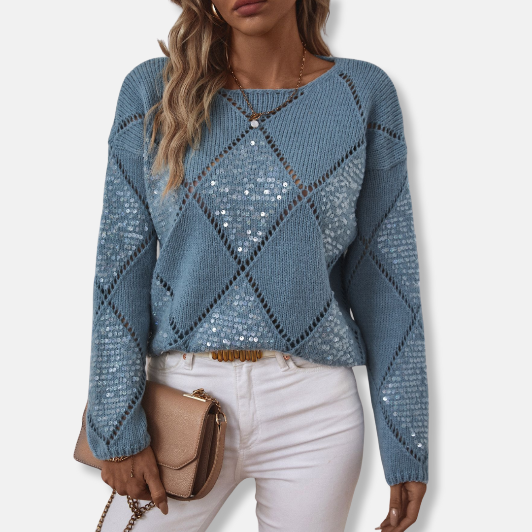 Femme Pull - Maille Laine Mélangée - Col Rond - Manches Longues - Motif Losanges