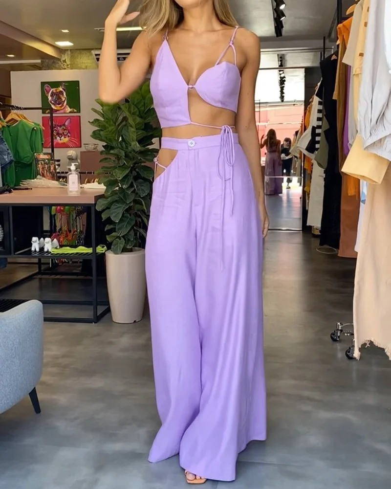 Ensemble Femme – Top Court Asymétrique à Bretelles – Pantalon Taille Haute Large