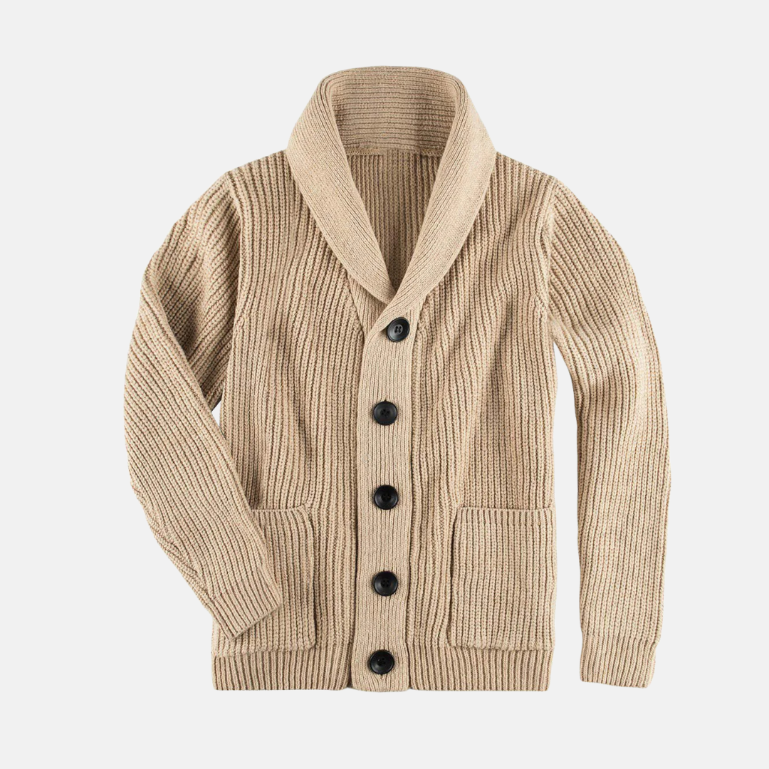 Homme Cardigan - Maille Côtelée - Col Châle - Manches Longues - Coupe Regular - Poches Plaquées