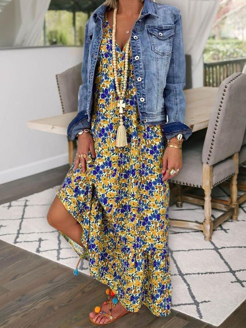 Robe Longue Femme - Coupe Fluide - Imprimé Fleuri - Décolleté V Élégant