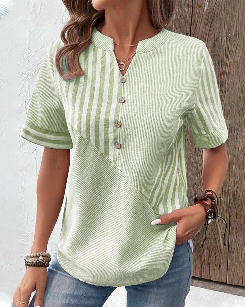 Blouse Femme - Coton Léger - Col Rond V Fendu - Manches Courtes - Style Décontracté