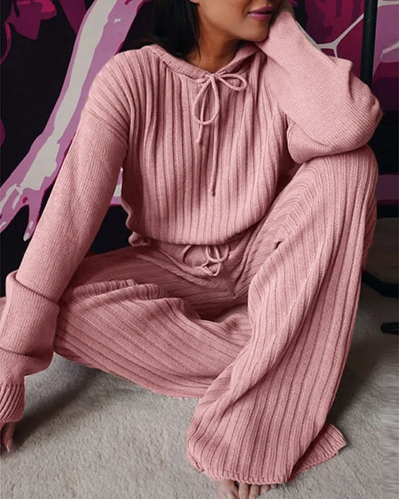 Ensemble Femme – Maille Côtelée – Confortable et Élégant – Haut Manches Longues avec Pantalon Ajusté