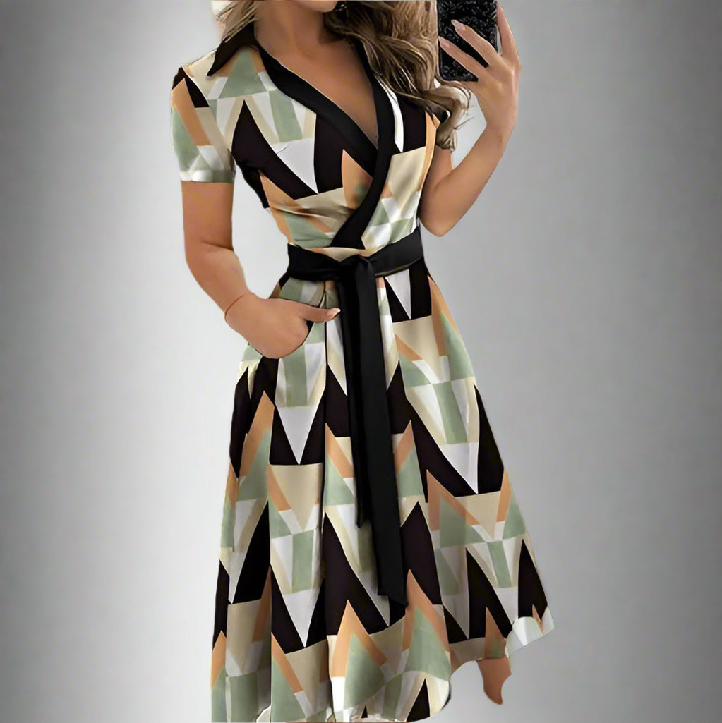 Robe Portefeuille Femme - Manches Courtes - Col V - Taille Ceinturée - Longueur Midi