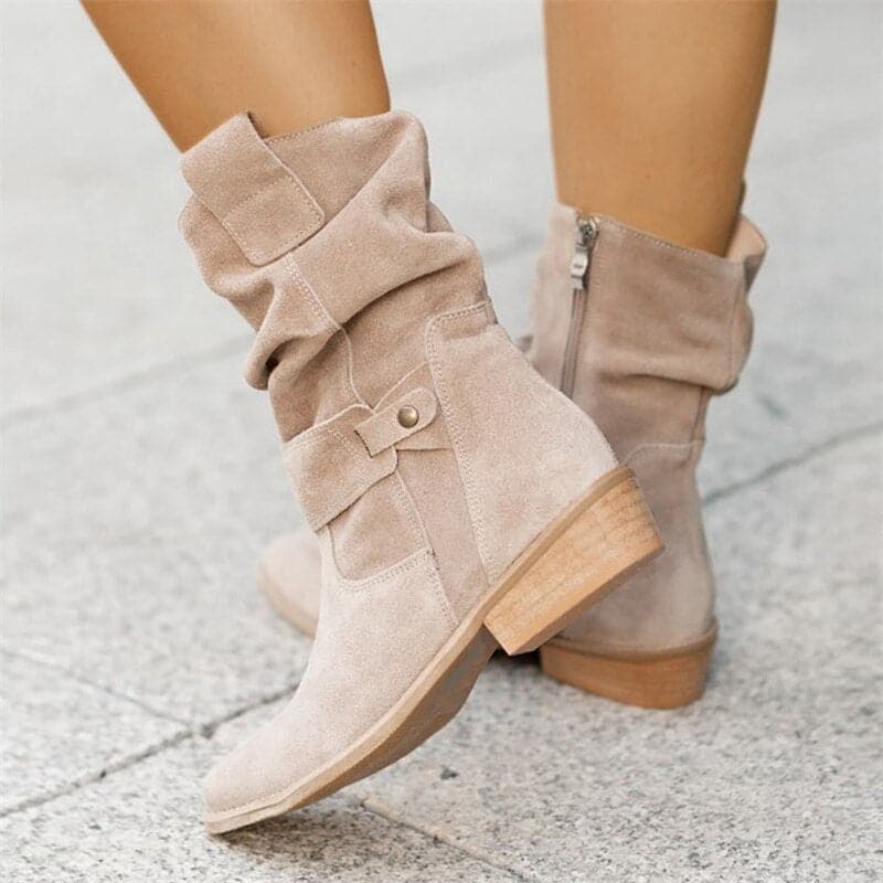 Bottes Femme - Daim Élégant - Coupe Ample - Lanières et Boucles Déco - Confort Quotidien