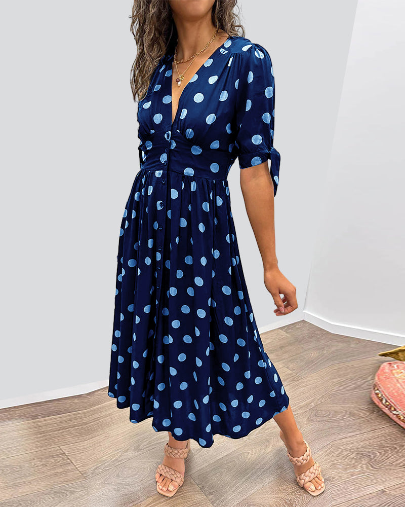 Robe Midi Femme – Coupe Évasée – Col V – Manches Courtes à Nouer – Boutonnée Devant – Motif Pois