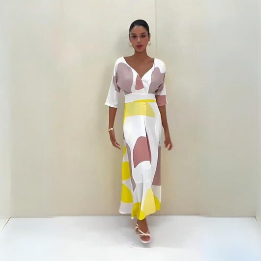 Robe Longue Femme - Col V Élégant - Manches 3/4 - Coupe Évasée Moderne