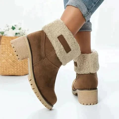 Bottines Femme - Daim Élégant - Talon Large Stable - Doublure Chaude Fausse Fourrure