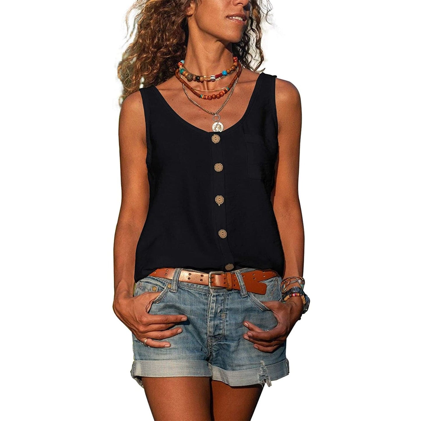 Top Femme - Sans Manches - Boutonné - Coupe Ample - Style Décontracté