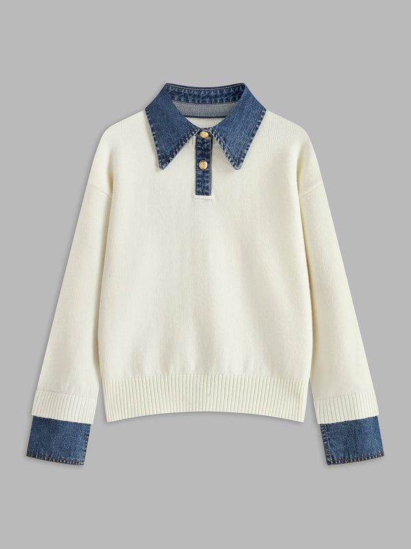 Pull femme – Coupe décontractée – Maille douce – Col chemise et poignets en jean