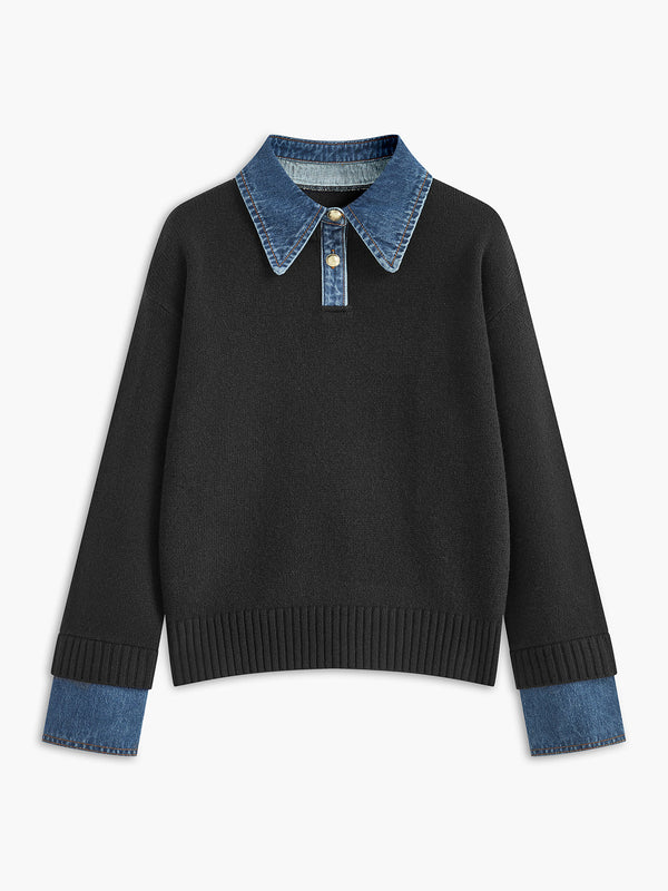 Pull femme – Coupe décontractée – Maille douce – Col chemise et poignets en jean