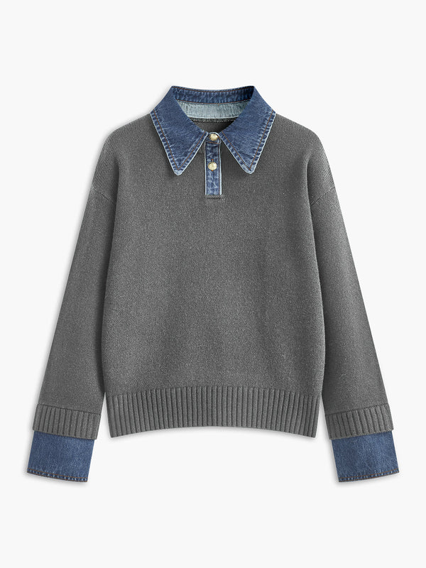 Pull femme – Coupe décontractée – Maille douce – Col chemise et poignets en jean