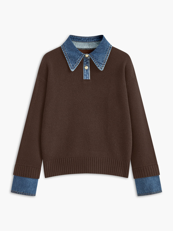 Pull femme – Coupe décontractée – Maille douce – Col chemise et poignets en jean