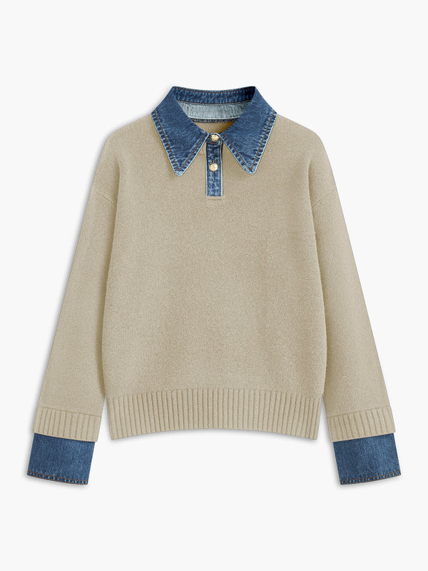 Pull femme – Coupe décontractée – Maille douce – Col chemise et poignets en jean