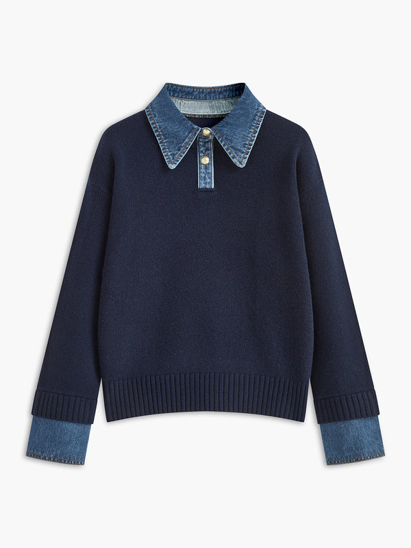 Pull femme – Coupe décontractée – Maille douce – Col chemise et poignets en jean