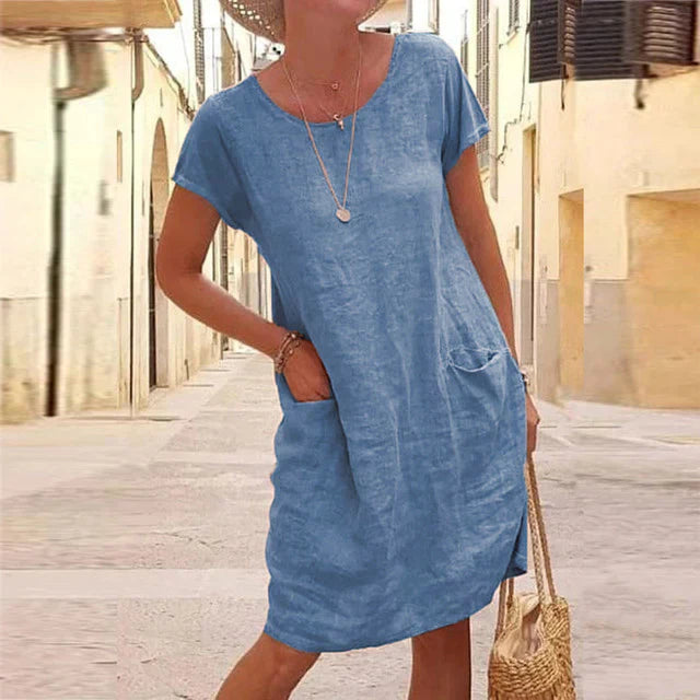 Robe femme – Fibres naturelles – Coupe décontractée – Manches courtes – Longueur genou