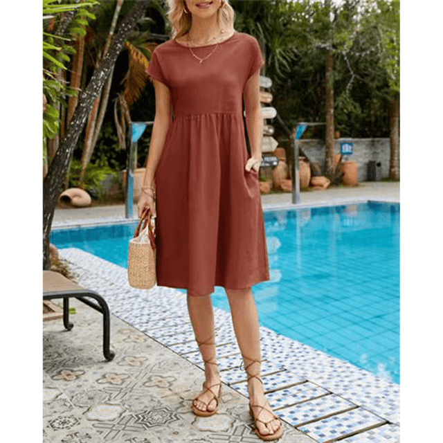 Robe midi d'été minimaliste pour femmes - Coton lin respirant et décontracté