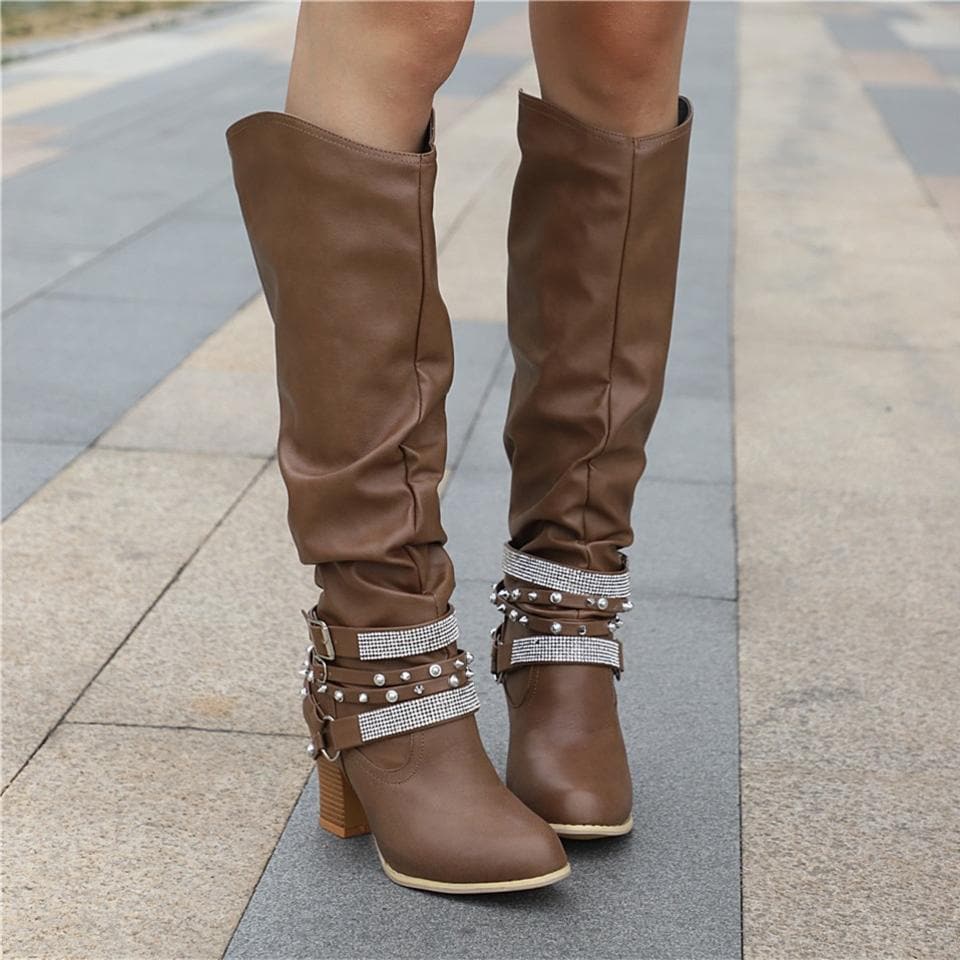 Bottes Hautes Femme - Cuir Élégant - Talon Bloc Confort - Détails Cloutés Mode