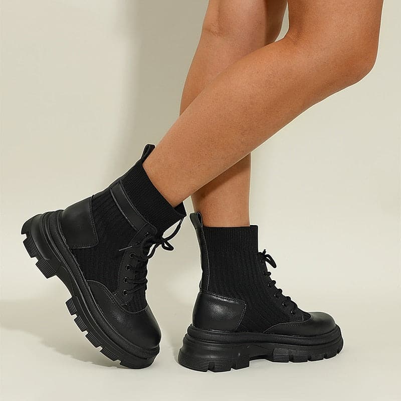 Bottines Femme - Cuir et Maille - Lacets Ajustables - Semelle Épaisse Confortable