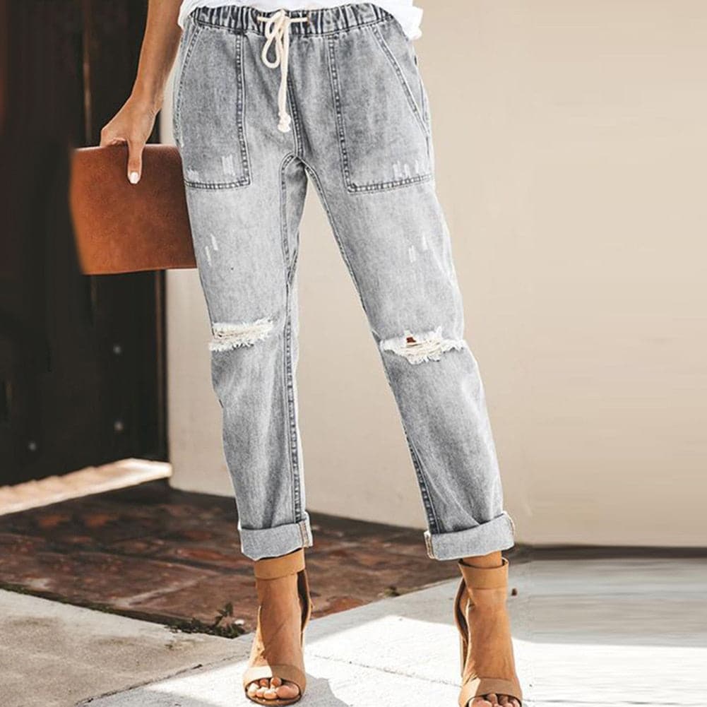 Jean Femme - Taille Haute - Ceinture Intégrée - Effet Déchiré - Coupe Ajustée